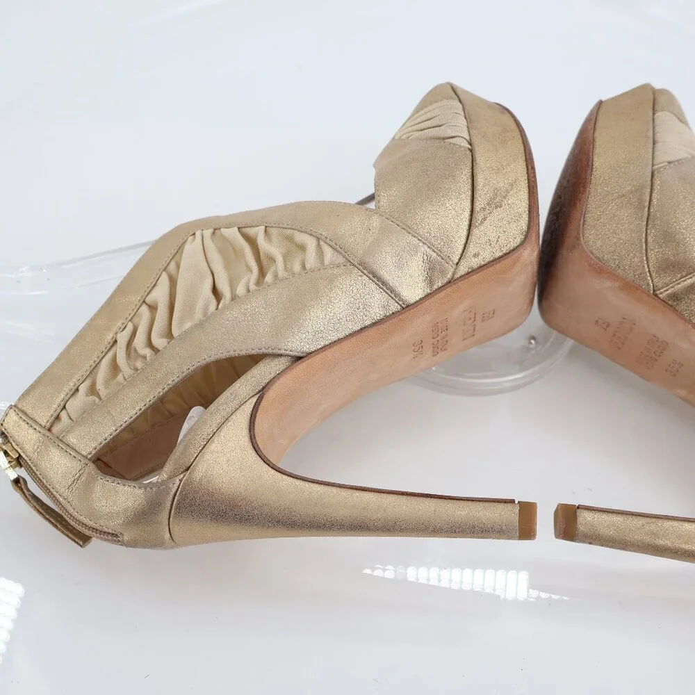 Fendi Heels Women's Size 5.5 Gold Metallic Leather Fabric Platform - Picture 9 of 13